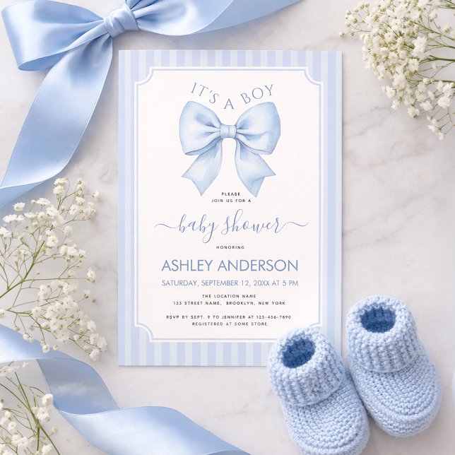 Invitation It's a Boy Blue Bow and Stripes Baby Shower (Créateur téléchargé)