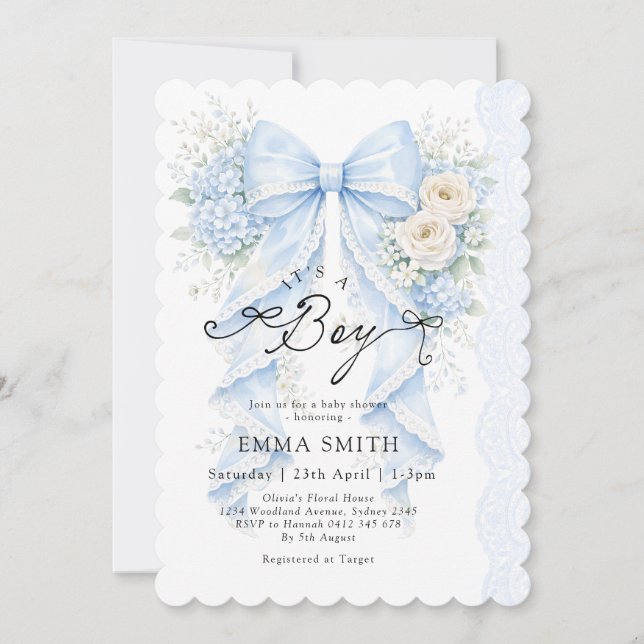 Invitation It's a Boy Blue Bow Floral Baby Shower (Devant)