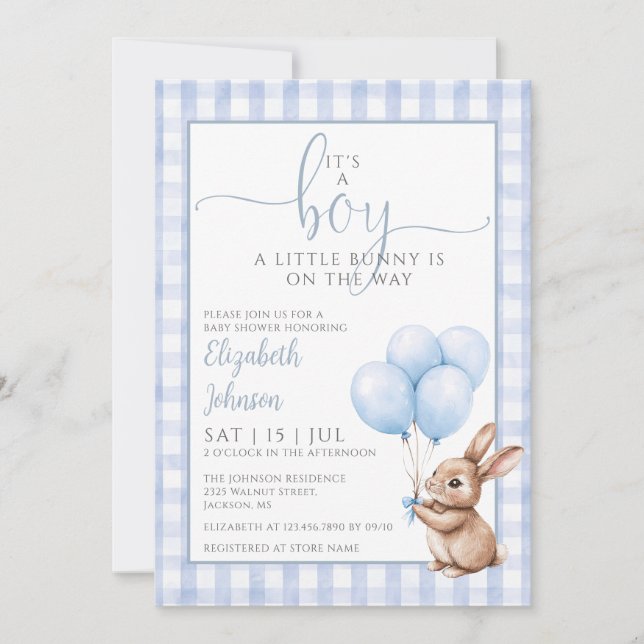 Invitation Its A Boy Little Bunny Blue Balloons Baby Shower  (Devant)