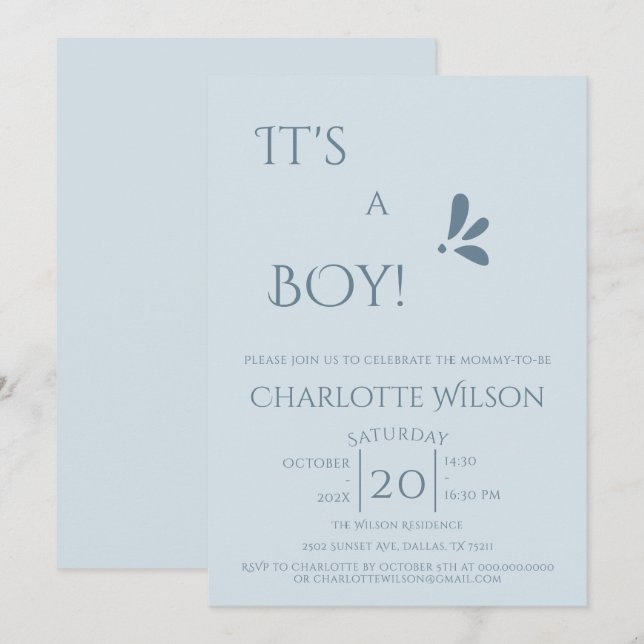 Invitation It's A Boy! Minimalism Pastel Blue Baby Shower (Devant / Derrière)