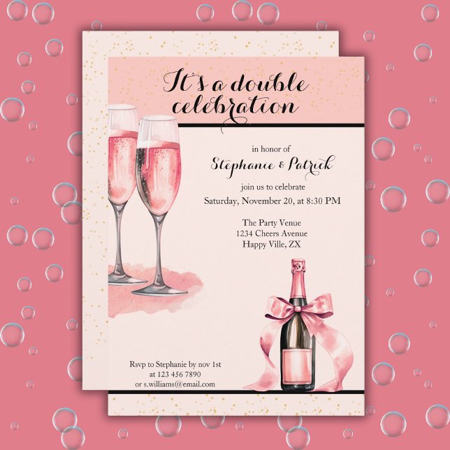 Invitation It's a Double Celebration Pink Champagne Birthday (Créateur téléchargé)