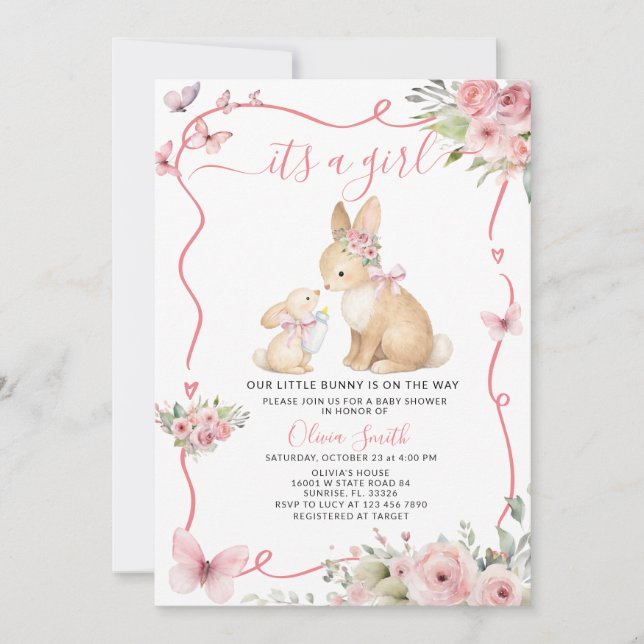 Invitation It's a Girl Bunny Baby Shower Pink Floral (Devant)
