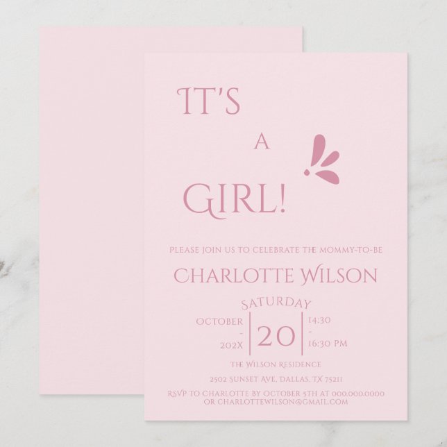 Invitation It's A Girl! Minimalism Pastel Pink Baby Shower (Devant / Derrière)