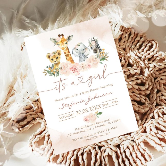 Invitation It's A Girl Party Animals Safari Baby Shower (Créateur téléchargé)
