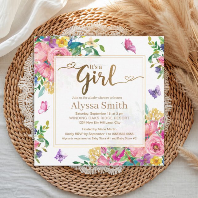 Invitation It's a Girl Pink Blue Yellow Floral Baby Shower ("It's a girl" pink, blue, and yellow watercolor floral and butterflies baby shower invitation)