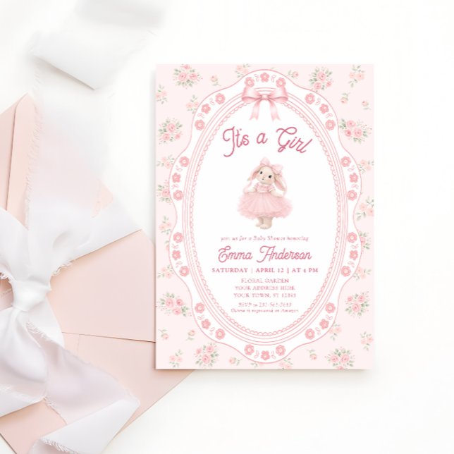 Invitation It's a Girl Pink Bunny Girl Baby Shower (Créateur téléchargé)