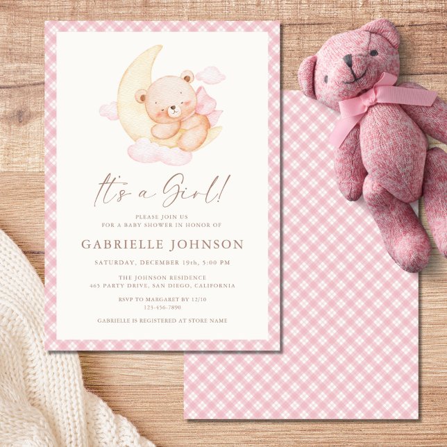 Invitation It's a Girl Pink Moon Bear Baby Shower (Créateur téléchargé)
