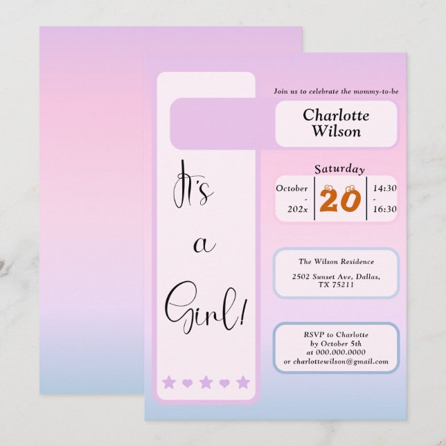 Invitation It's A Girl! Purple Gradient Cute Baby Shower (Devant / Derrière)