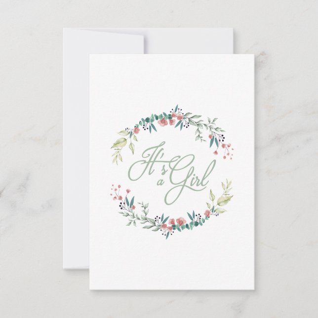 Invitation It's a Girl Quote in Pink Green on Floral Wreath (Devant)