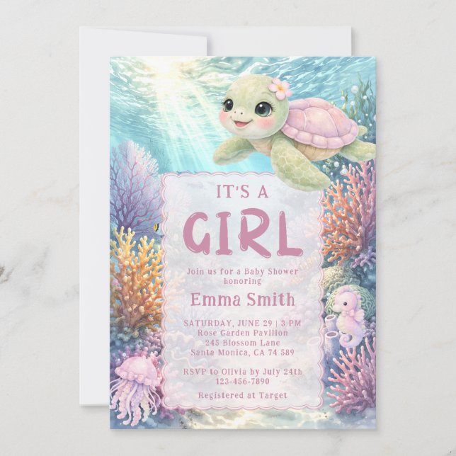 Invitation It's a Girl Under the Sea Turtle Girl Baby Shower (Devant)