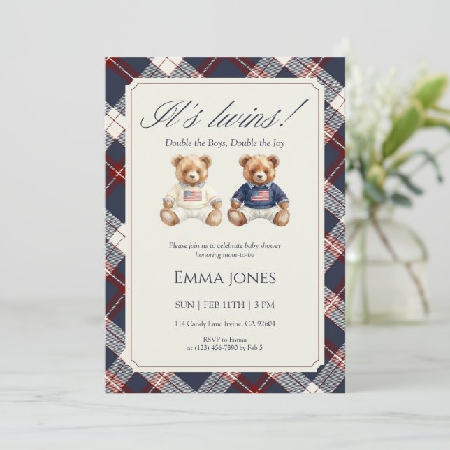 Invitation Its Twins Double Plaid teddy bear Baby Shower (Debout devant)