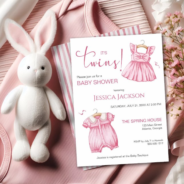 Invitation It's Twins Pink Script Baby Dresses (Créateur téléchargé)