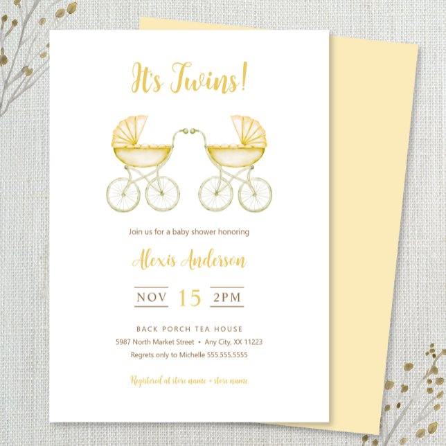 Invitation It's Twins with yellow Carriages Baby Shower (Créateur téléchargé)