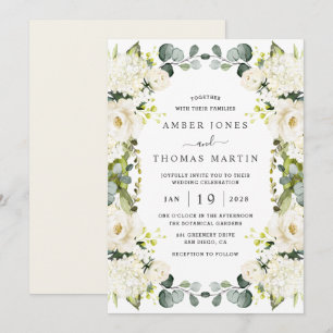 Invitation Ivoire Blanc Fleurs Élégant Mariage