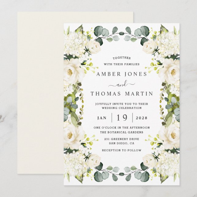 Invitation Ivoire Blanc Fleurs Élégant Mariage  (Devant / Derrière)