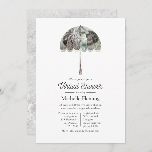 Invitation Ivoire blanc Vintage Parasol Douche virtuelle (Devant / Derrière)