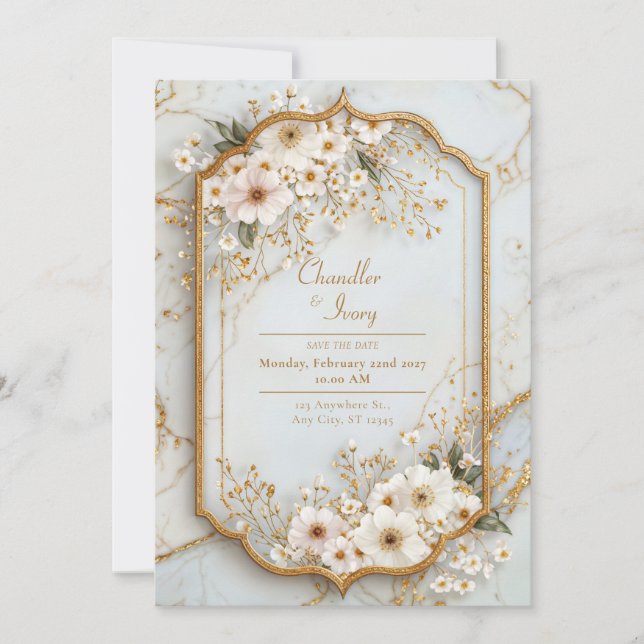 Invitation Ivoire Cosmos Marbre Glacé Mariage Doré (Devant)