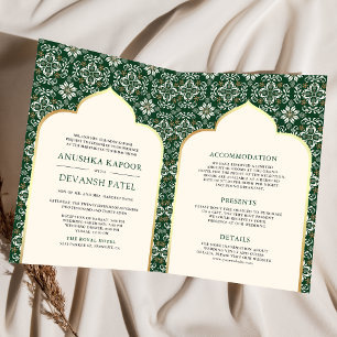 Invitation Ivoire Émeraude Motif Tout en Un Mariage Indien