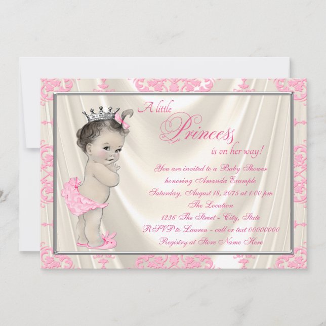 Invitation Ivoire et rose Damas Baby shower Satin (Devant)