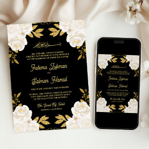 Invitation Ivoire Floral Or Paillettes Noir Mariage Musulman