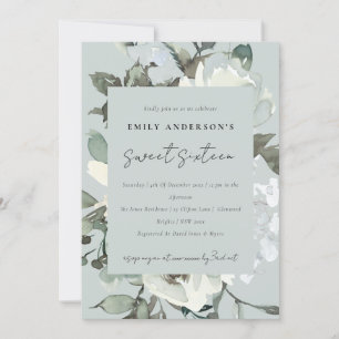 INVITATION IVOIRE GRIS BLANC FLORAL BUNCH SWEET 16 ANNIVERSAI