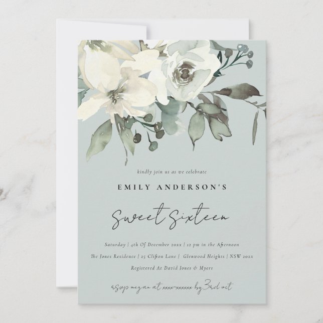 INVITATION IVOIRE GRIS BLANC FLORAL BUNCH SWEET 16 ANNIVERSAI (Devant)