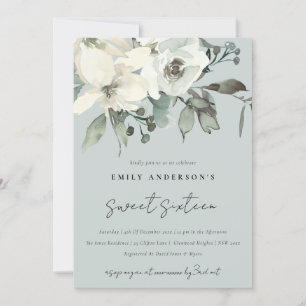 INVITATION IVOIRE GRIS BLANC FLORAL BUNCH SWEET 16 ANNIVERSAI