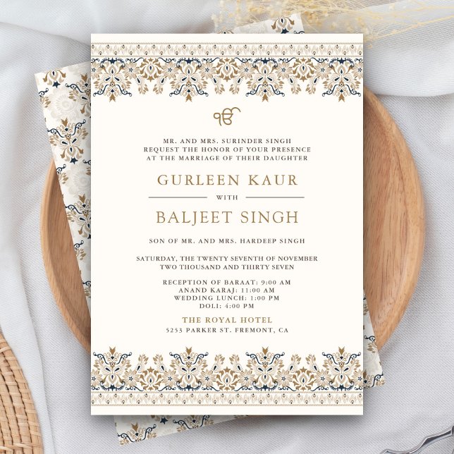 Invitation Ivoire marron Ikat Anand Karaj Mariage sikh (Créateur téléchargé)