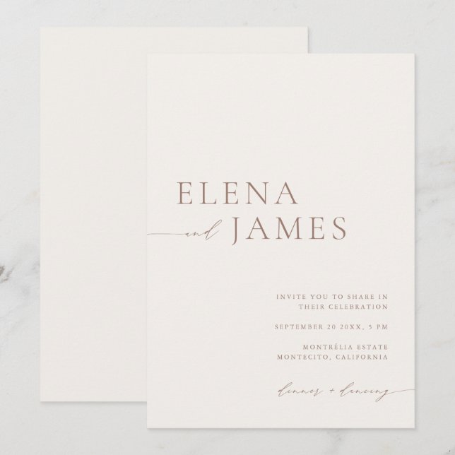 Invitation Ivoire Neutre moderne et Mariage Mocha (Devant / Derrière)