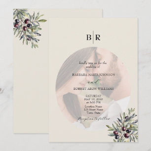 Invitation Ivoire Olive Photo Monogramme Mariage