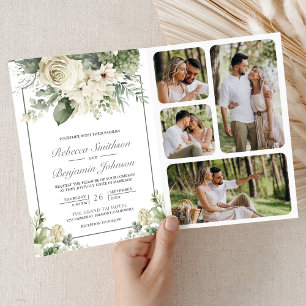 Invitation Ivoire Rose Vert Sauge Floral Code QR Photo Mariag