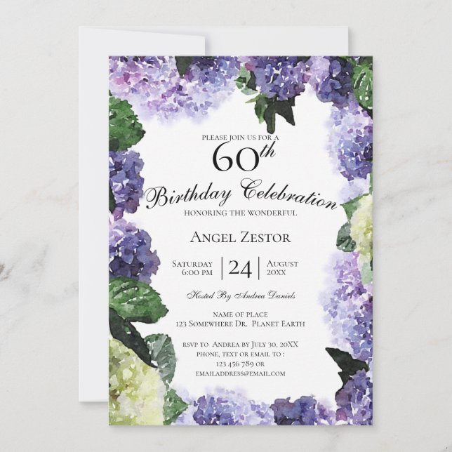 Invitation Ivoiriens et hydrangeas pourpres | Blanc 60e anniv (Devant)
