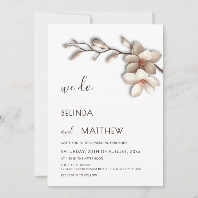 Invitation Ivory 3D Fleur de Magnolia Mariage Casual (Devant)