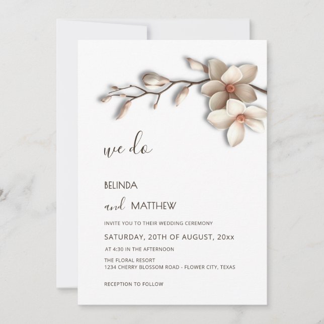 Invitation Ivory 3D Fleur de Magnolia Mariage Casual (Devant)