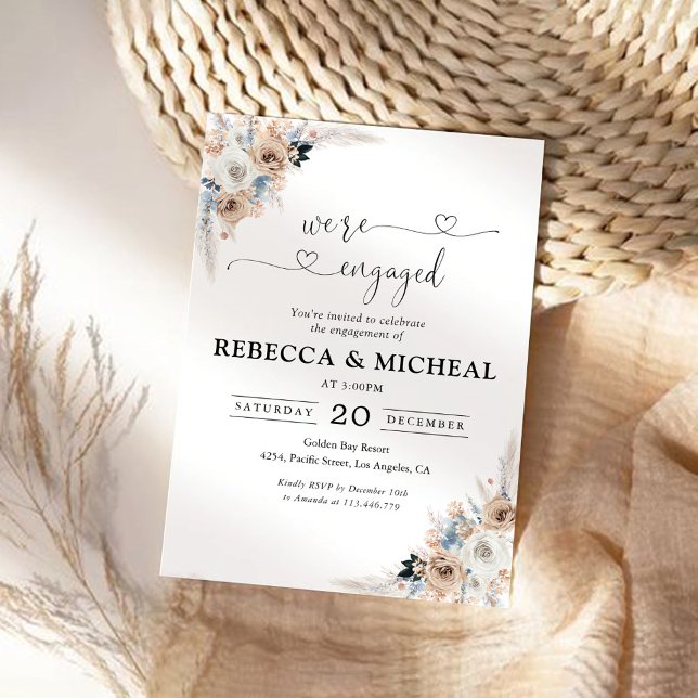 Invitation Ivory And Blue Boho Floral Nous sommes engagés (Créateur téléchargé)