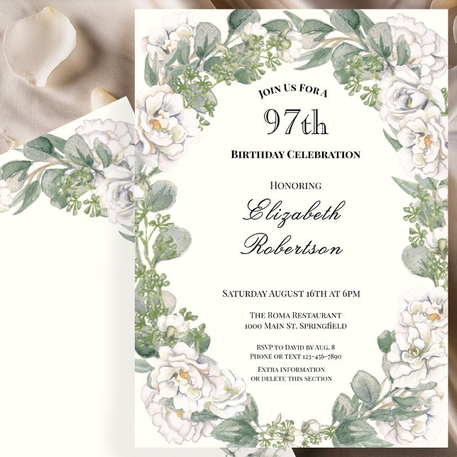 Invitation Ivory and Sage Green Floral 97th Birthday (Créateur téléchargé)