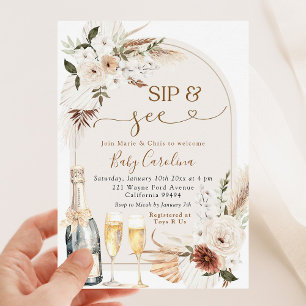 Invitation Ivory Beige Boho Floral Sip et voir Baby shower