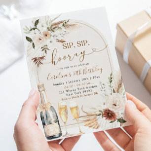 Invitation Ivory Beige Boho Floral Sip Hooray Anniversaire