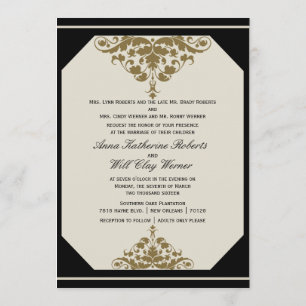 Invitation Ivory Black et Gold Mariage damassé