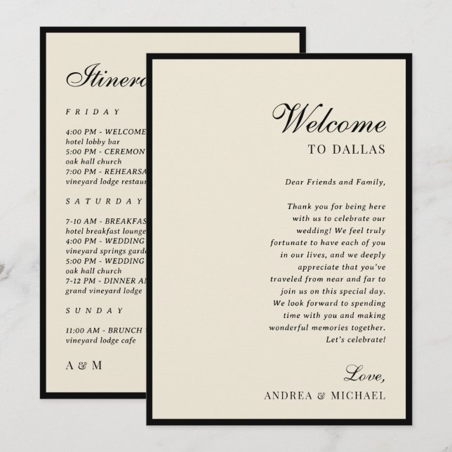 Invitation Ivory & Black Old Money Wedding Itinerary Card (Devant / Derrière)