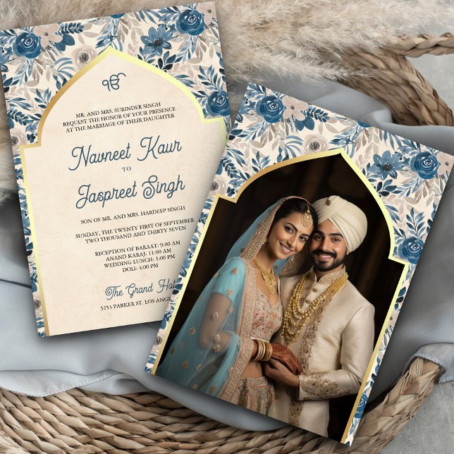 Invitation Ivory Blue Floral Photo Anand Karaj Sikh Mariage (Créateur téléchargé)