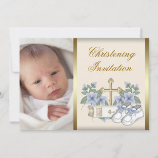 Invitation Ivory Blue Gold Baby Boy Photo Christening Invitat