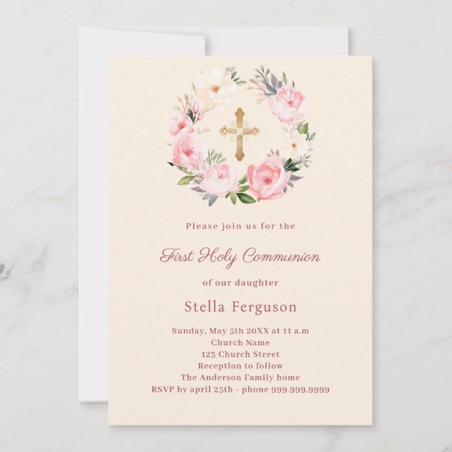 Invitation Ivory blush florals cross First Communion (Devant)