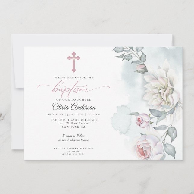 Invitation Ivory Blush Rose Cotters Fleurs Baptême Invitatim (Devant)