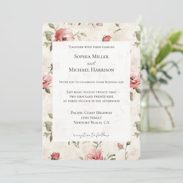 Invitation Ivory Blush rose Roses Mariage Floral (Debout devant)
