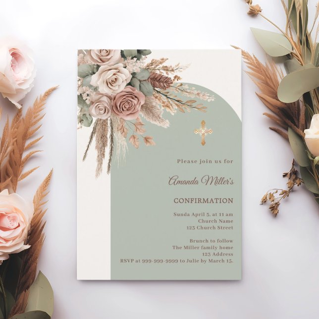 Invitation Ivory blush roses sage green arch Confirmation (Créateur téléchargé)