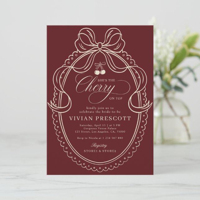 Invitation Ivory & Burgundy Cherry On Top Enterrement de mari (Debout devant)