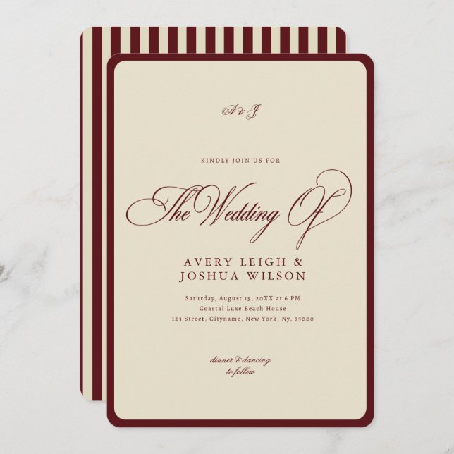 Invitation Ivory & Burgundy Stripes Border Retro Wedding (Devant / Derrière)