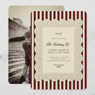 Invitation Ivory & Burgundy Stripes Lace Mariage Vintage
