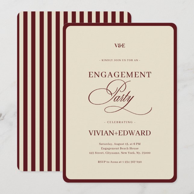 Invitation Ivory & Burgundy Stripes Retro Engagement Party (Devant / Derrière)